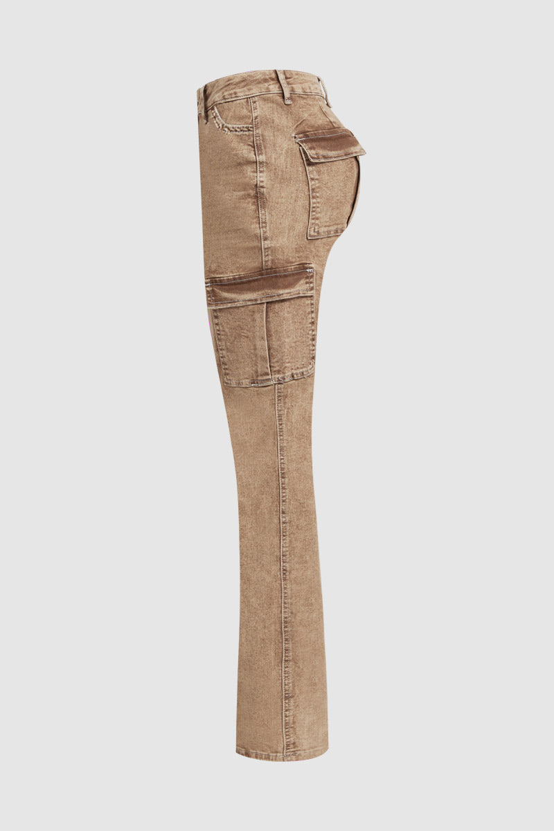 Wash Flap Pocket High Rise Bootcut Cargo Pants