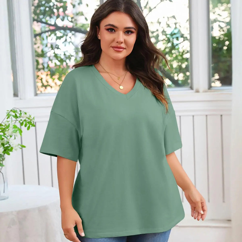 Women's Plus Size V Neck T Shirts Loose Fit Cotton Tunic Tops