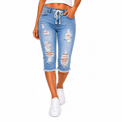 Fashion Distressed Ripped Capri Jeans Plus Size Casual High-Waisted Drawstring Waist Denim Cropped Pants + Lace cutout top