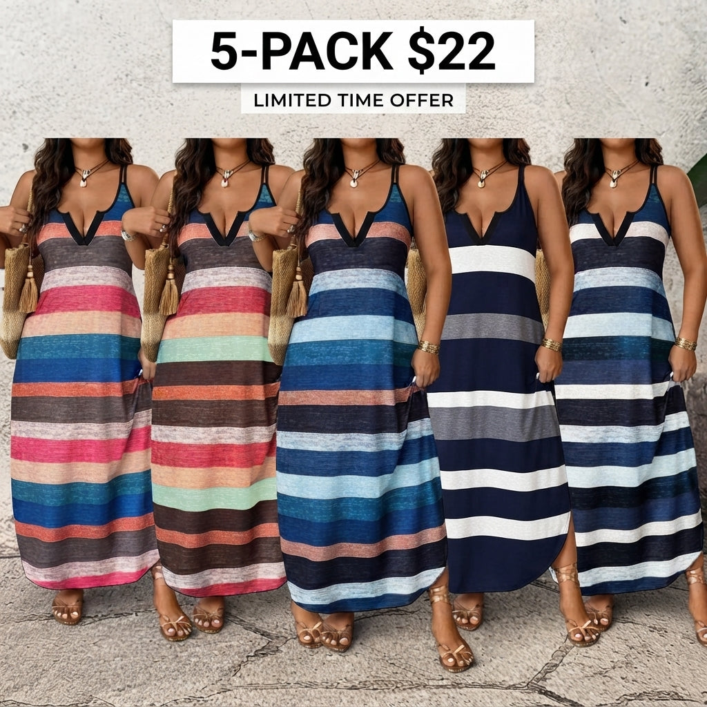 Plus Size Women's Rainbow Striped V-Neck Thin Strap Long Dress