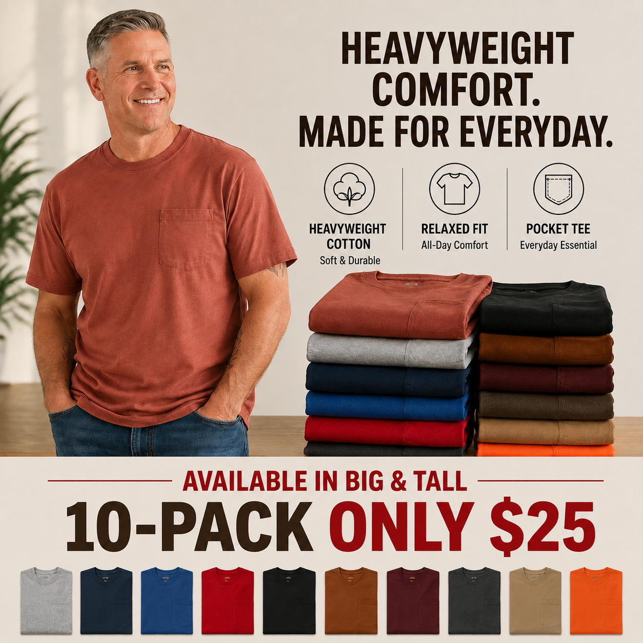 🔥Men's Heavyweight Cotton Pocket T-Shirt – Relaxed Fit Everyday Casual Tee | Big & Tall Available