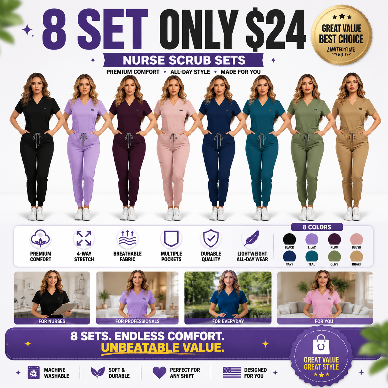 Women's Daily Wear Two-Piece Outfit, Anti-Pilling Lightweight Breathable Multi-Pocket Top & Side Pocket Jogger Pants