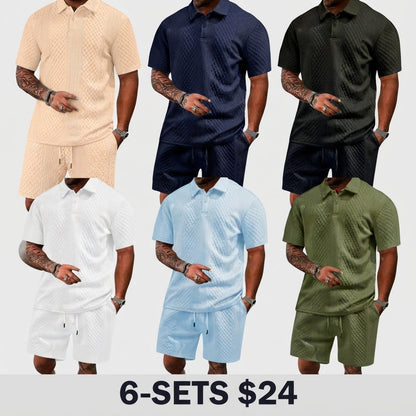 Men's summer casual texture fabric solid color polo shirt T-shirt shorts 2-piece set