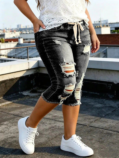 Fashion Distressed Ripped Capri Jeans Plus Size Casual High-Waisted Drawstring Waist Denim Cropped Pants + Lace cutout top