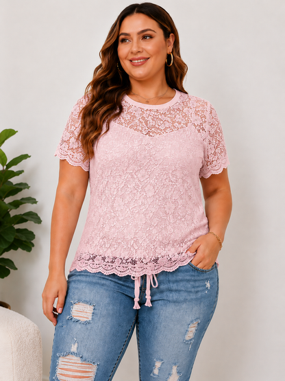 Fashion Distressed Ripped Capri Jeans Plus Size Casual High-Waisted Drawstring Waist Denim Cropped Pants + Lace cutout top