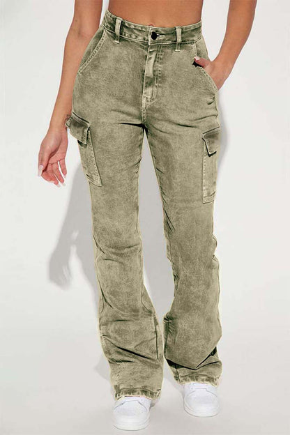 Wash Flap Pocket High Rise Bootcut Cargo Pants