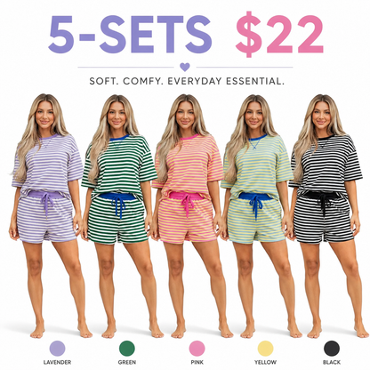 Women's Stripe Two Piece Set Drop Shoulder Casual T Shirt & Short Set