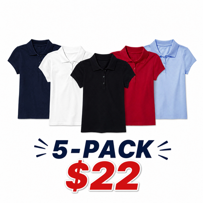 5 Pack Girls Short Sleeve Stretch Pique Polo Shirts School Uniform