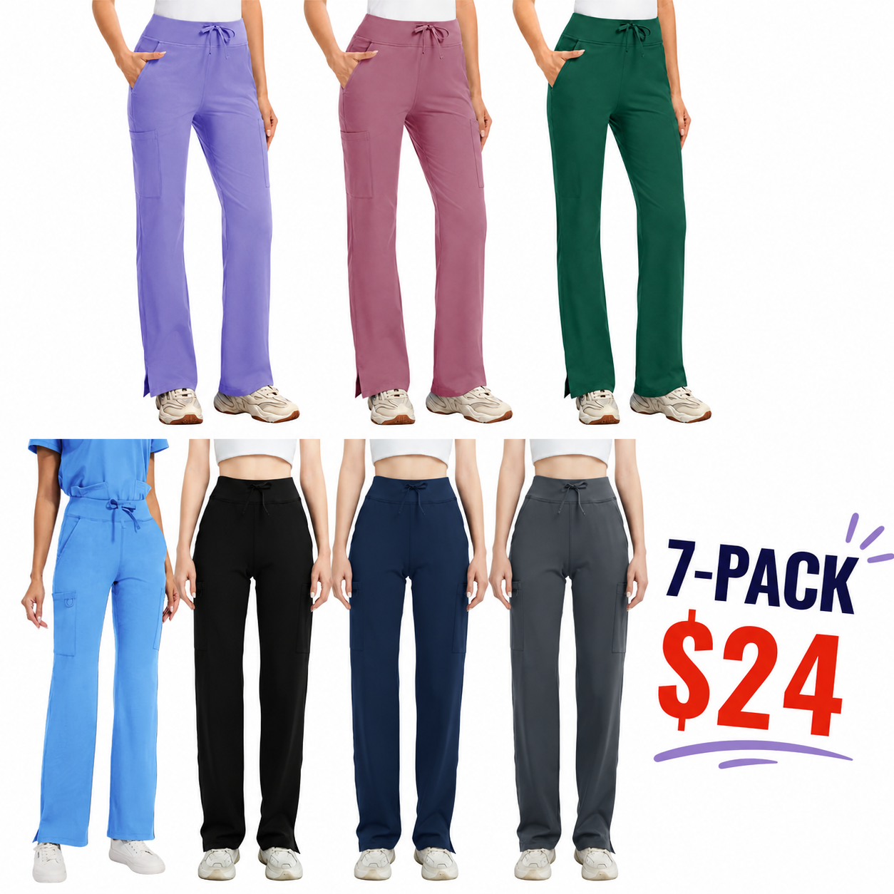 High Rise Yoga Scrub Pants Women - Straight Leg Uniform Pants with Cargo Pocket