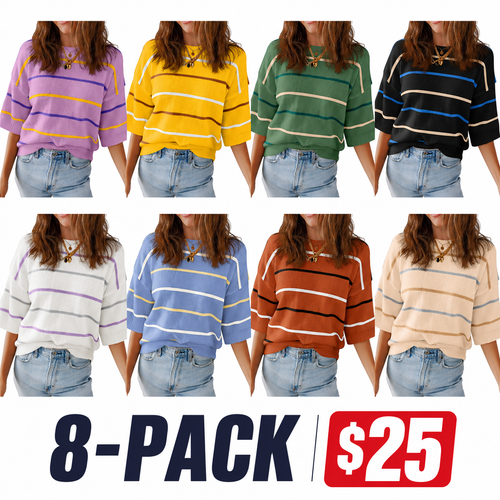 Women's Striped Knit Round Neck Shortsleeve Baggy Pullover