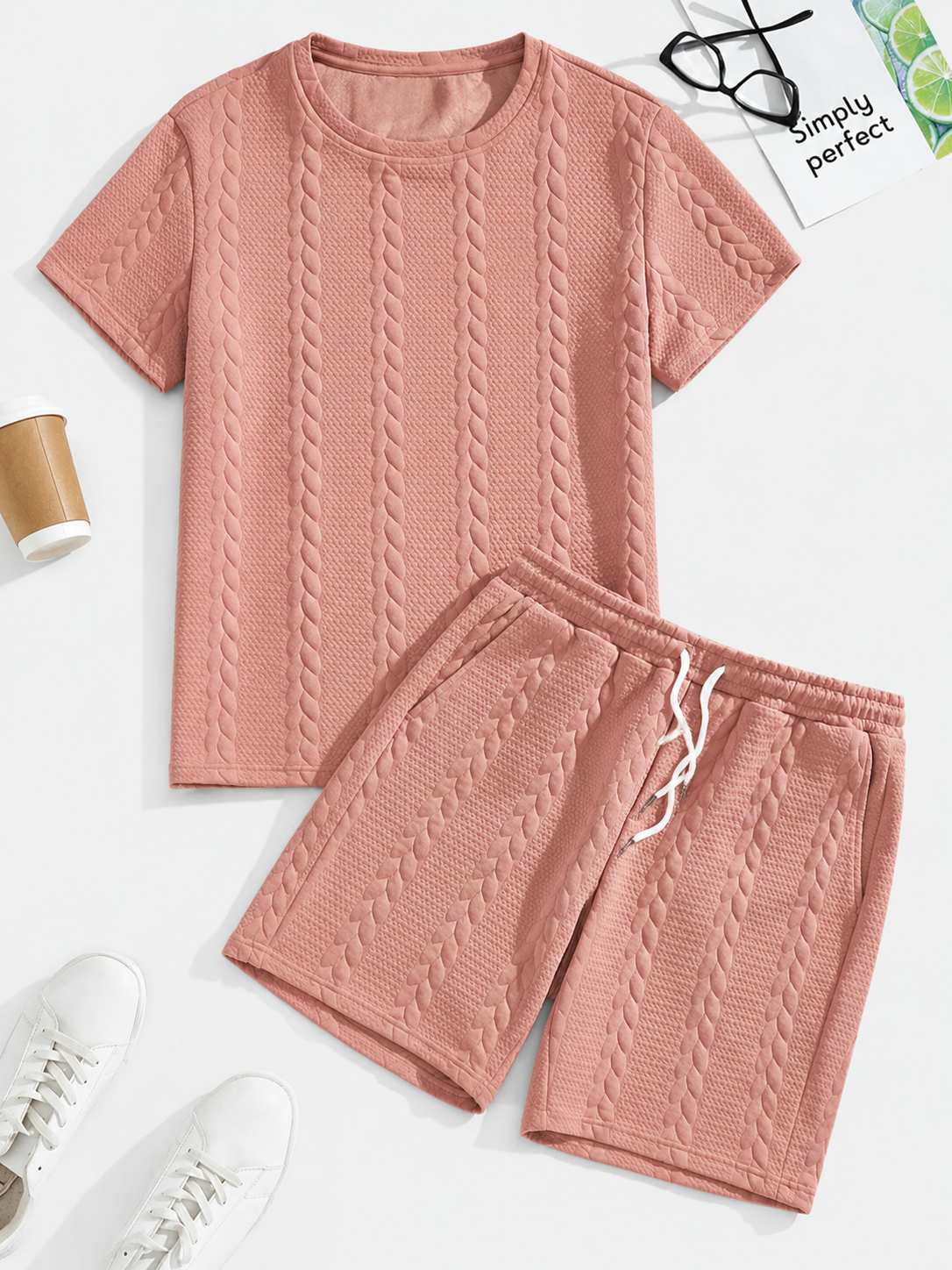 Men's Casual Cable Knit 2 Piece Summer Set