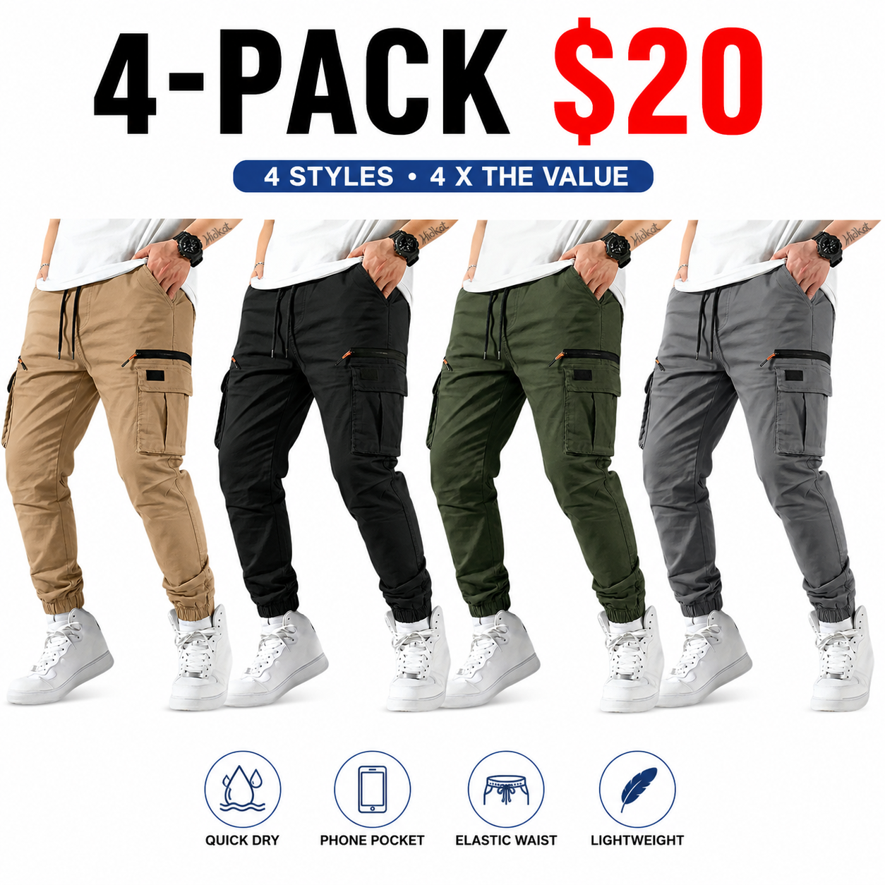 Men’s outdoor cargo pants, 3-pack — American casual straight-leg tapered harem long pants