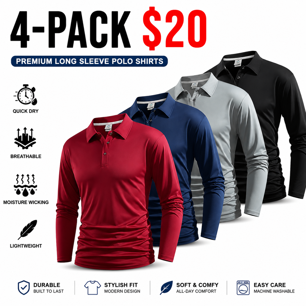 Four-piece men’s casual set featuring a long-sleeve quick-dry polo shirt for golf and tennis