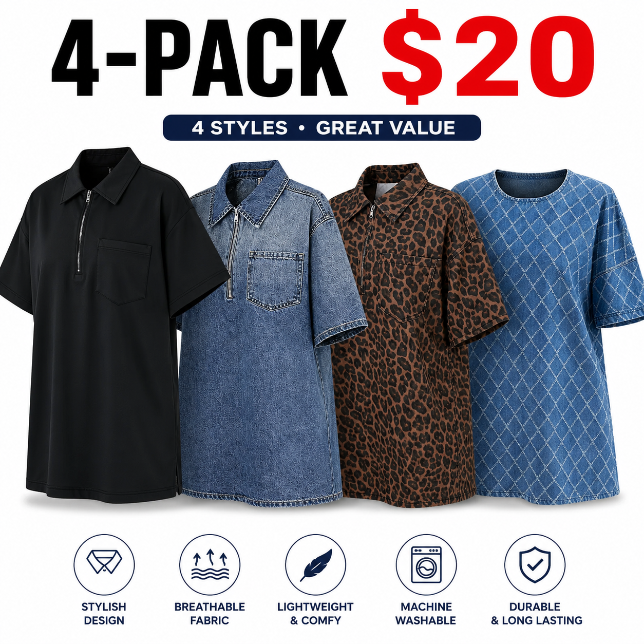 Women's Denim Dress Half-Zip Collared Vintage Washed Blue Loose Fit Short Sleeve