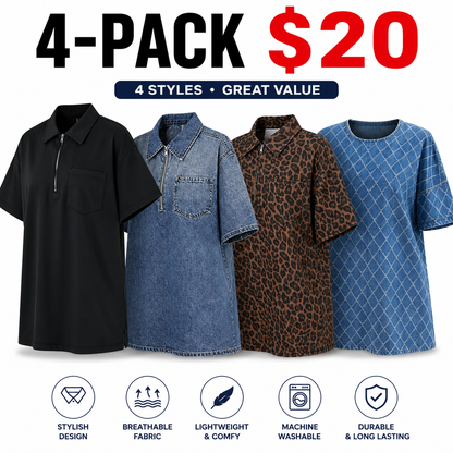 Women's Denim Dress Half-Zip Collared Vintage Washed Blue Loose Fit Short Sleeve