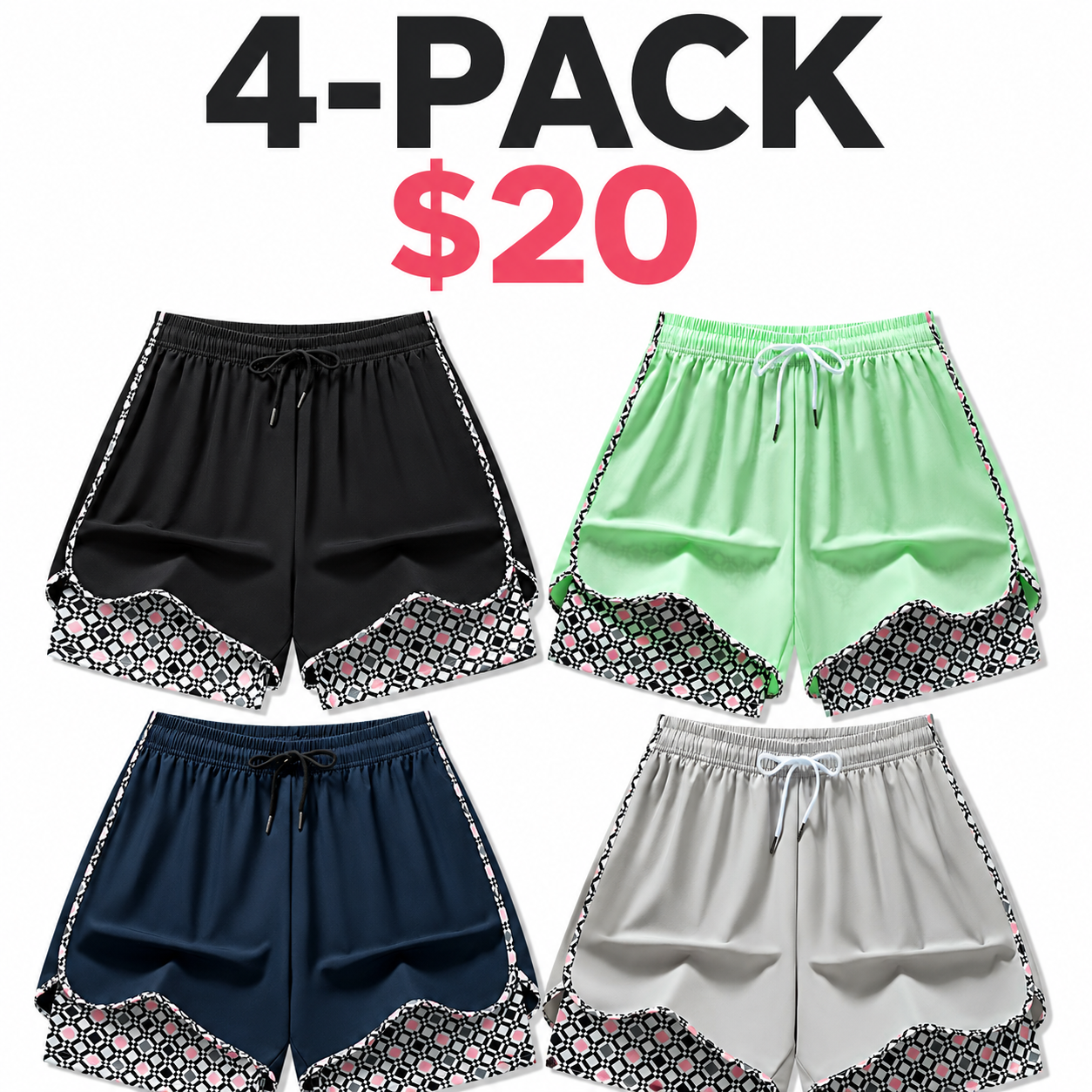 Set of 3 women’s casual athletic shorts featuring elastic waistband with lining