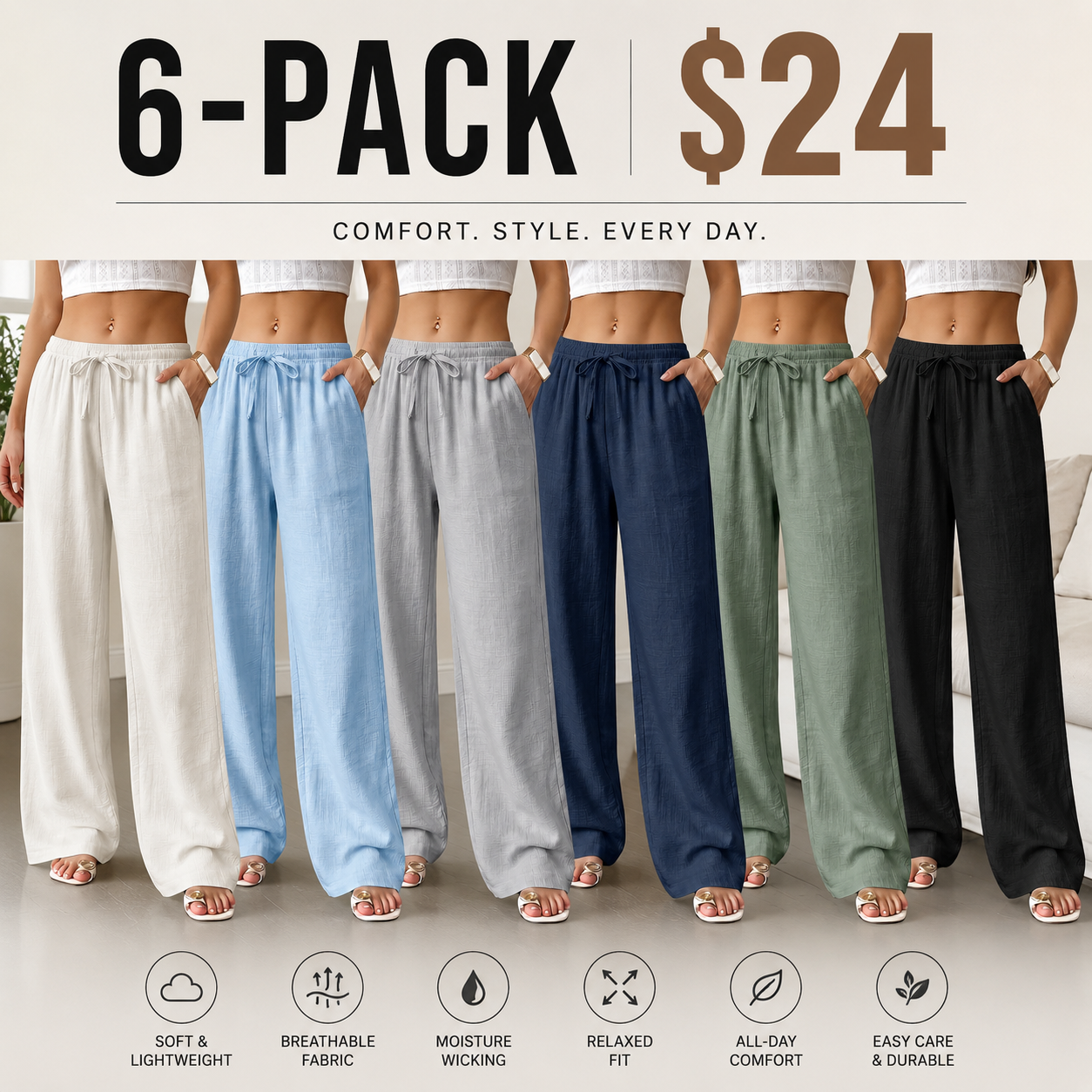 Women’s 6-pack solid-color loose casual pants