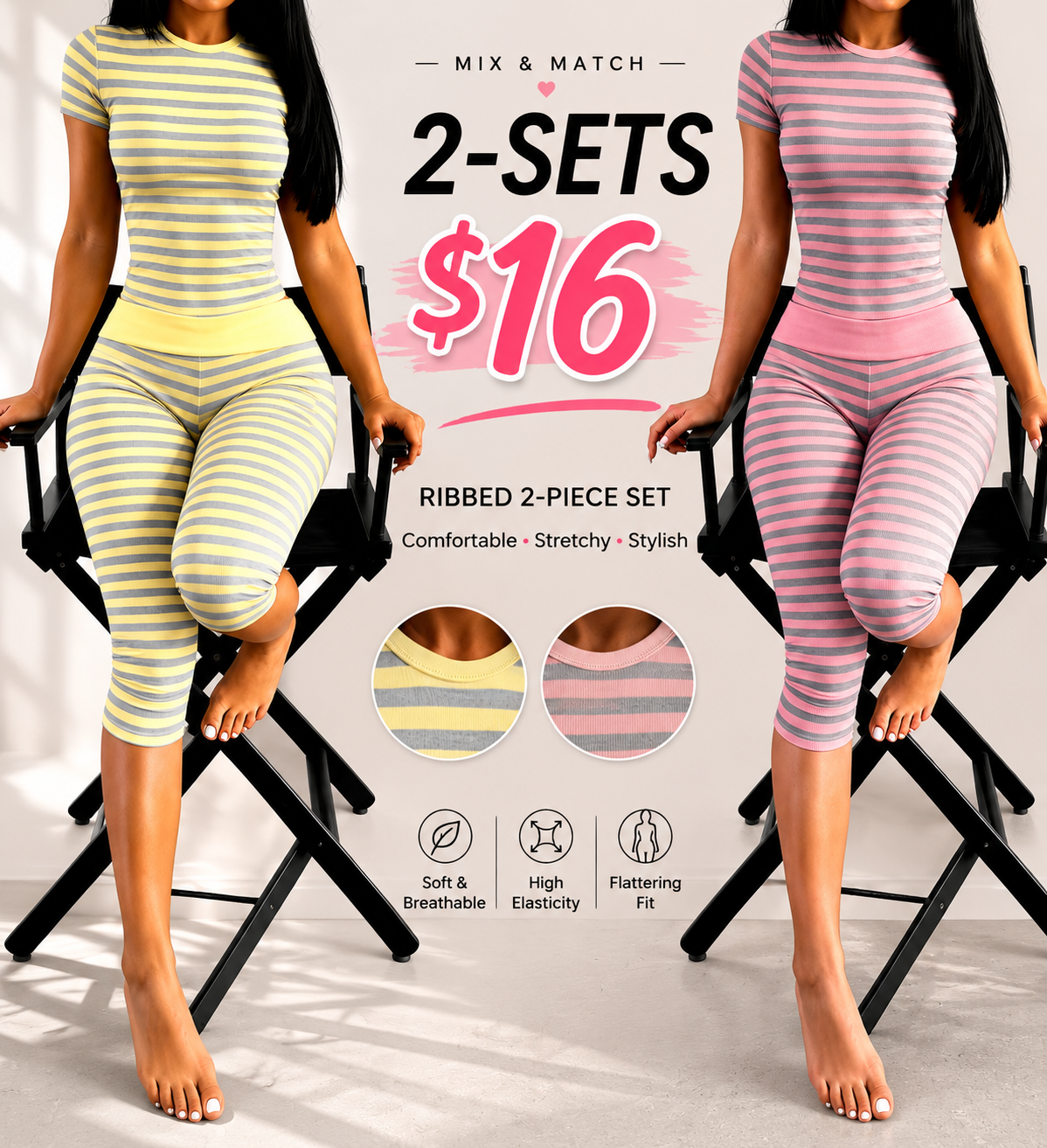 Striped 2-Piece Lounge Set – Slim Crop Top & High Waist Capri