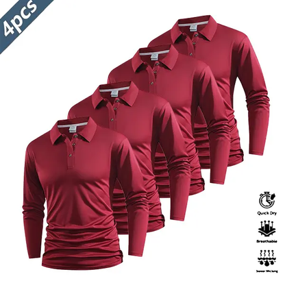 Four-piece men’s casual set featuring a long-sleeve quick-dry polo shirt for golf and tennis