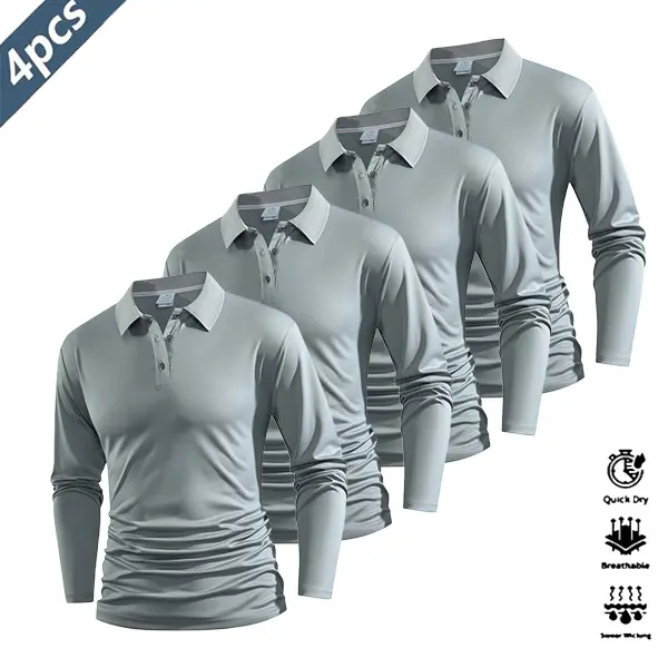 Four-piece men’s casual set featuring a long-sleeve quick-dry polo shirt for golf and tennis