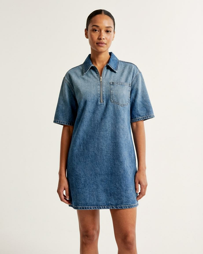 Women's Denim Dress Half-Zip Collared Vintage Washed Blue Loose Fit Short Sleeve