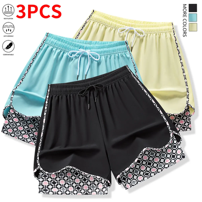 Set of 3 women’s casual athletic shorts featuring elastic waistband with lining