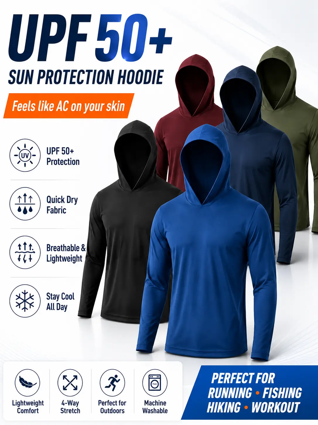 Men UPF 50+ Sun Protection Hoodie Long Sleeve T Shirts Pack Quick Dry Shirt