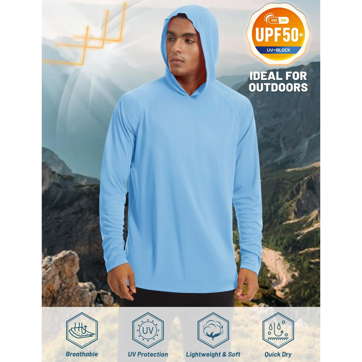 Men's Hooded UPF 50+ Long Sleeve Shirts Quick Dry Athletic Fishing Shirts Rash Guards