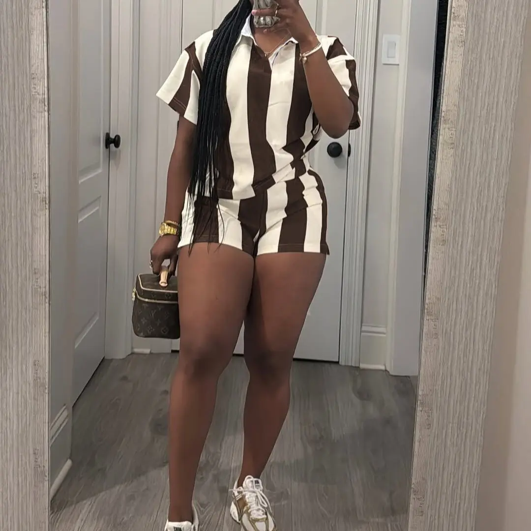 Women's 2026 Spring Two Piece Set Striped Short Sleeve