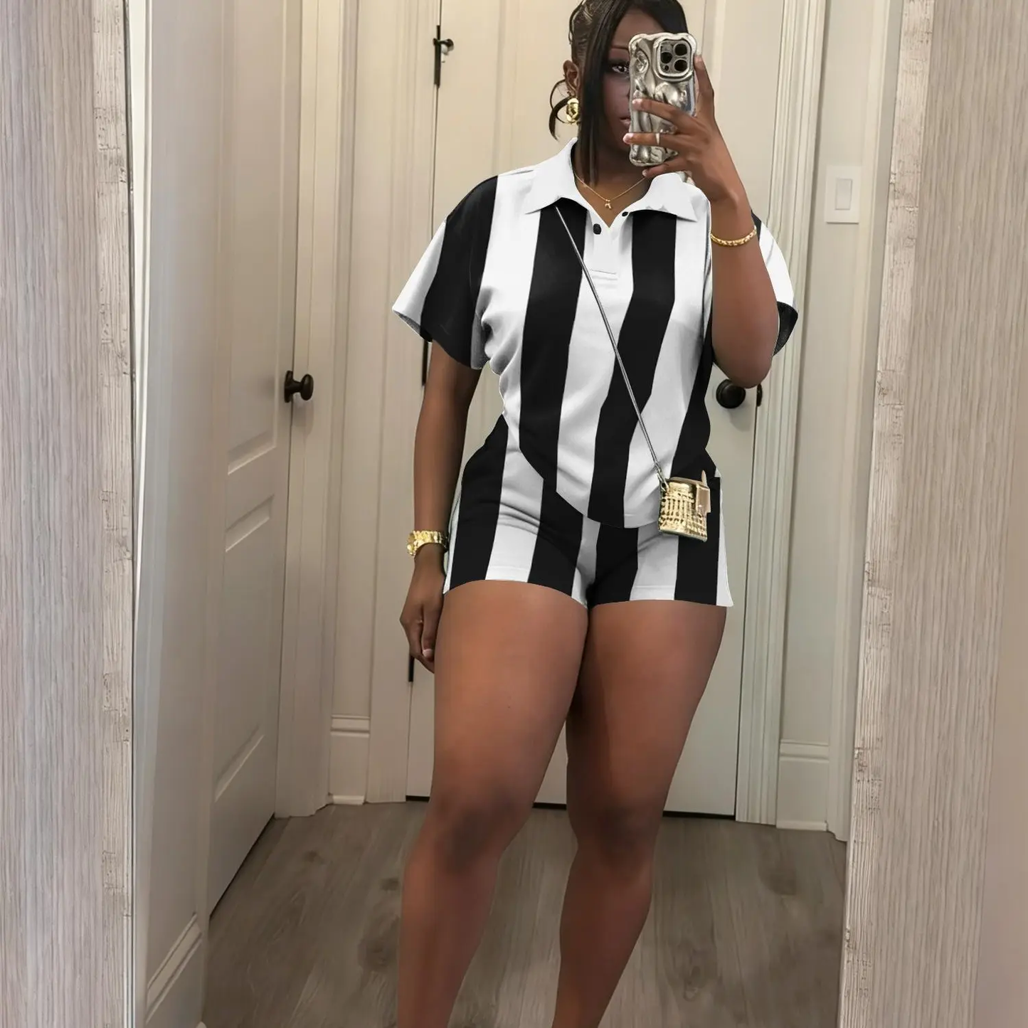 Women's 2026 Spring Two Piece Set Striped Short Sleeve