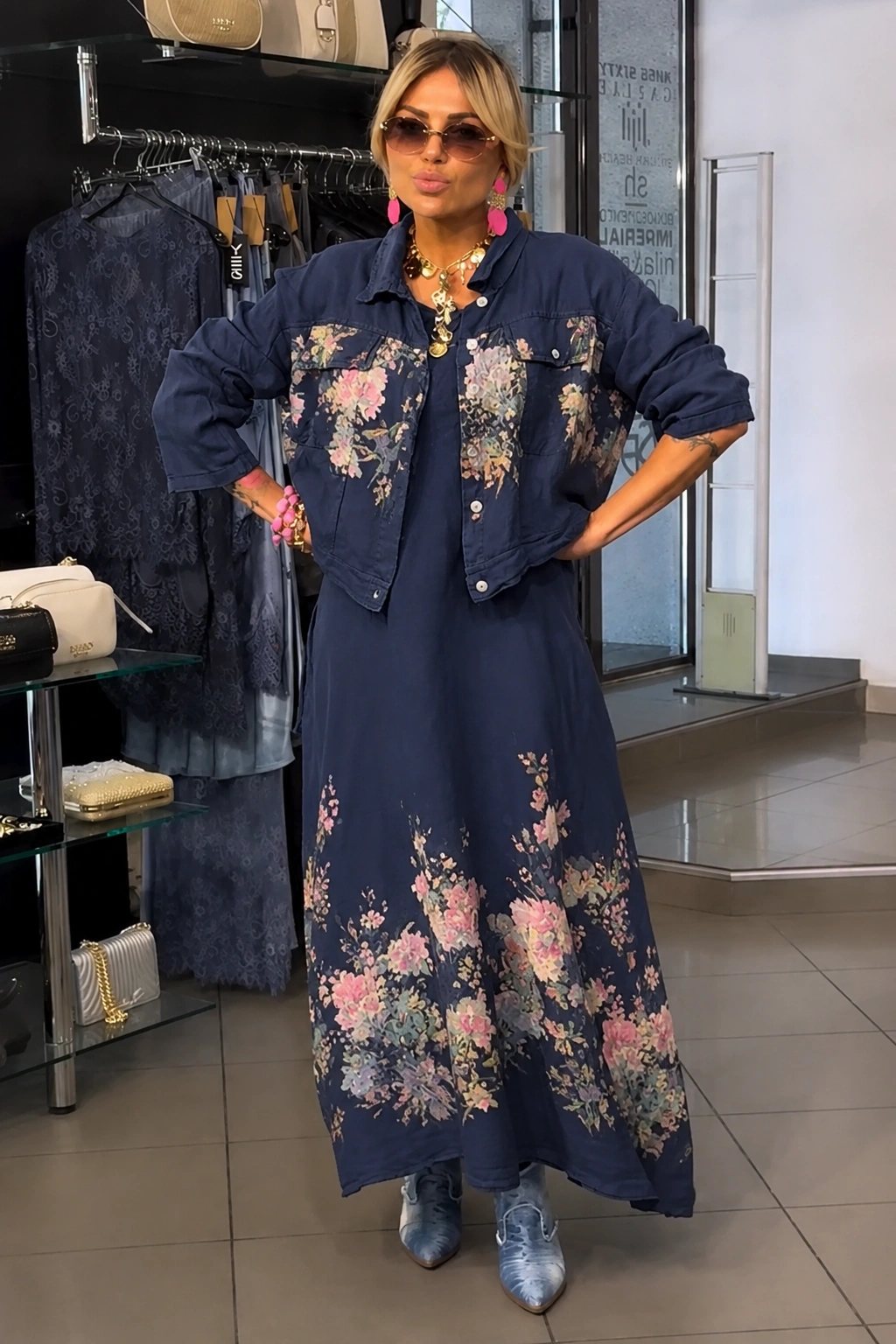 Floral Meadow Linen-Blend Maxi Dress & Cropped Shirt Set