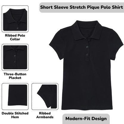 5 Pack Girls Short Sleeve Stretch Pique Polo Shirts School Uniform
