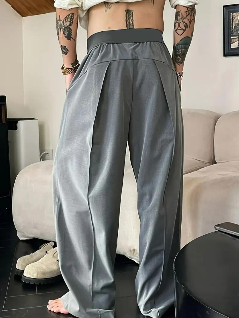 Men's Solid Color Pleated Loose Wide-Leg Dress Pants