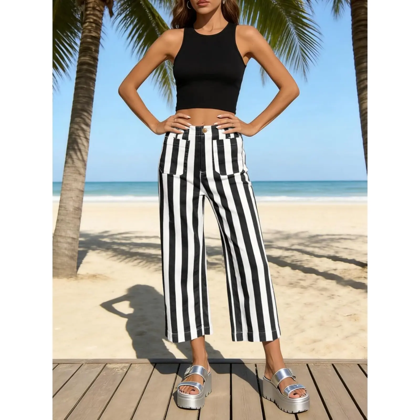 Womens Cropped Striped Jeans with Pockets