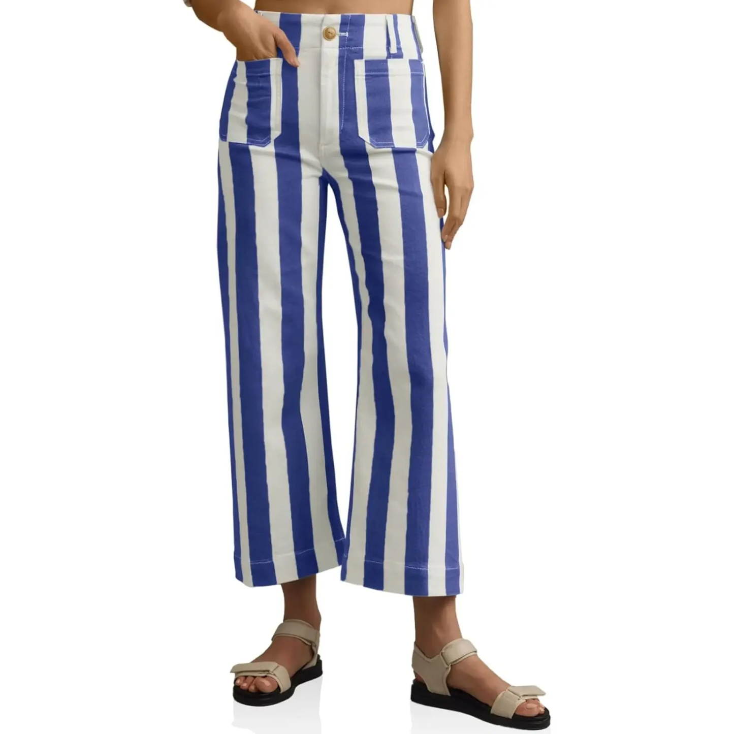 Womens Cropped Striped Jeans with Pockets