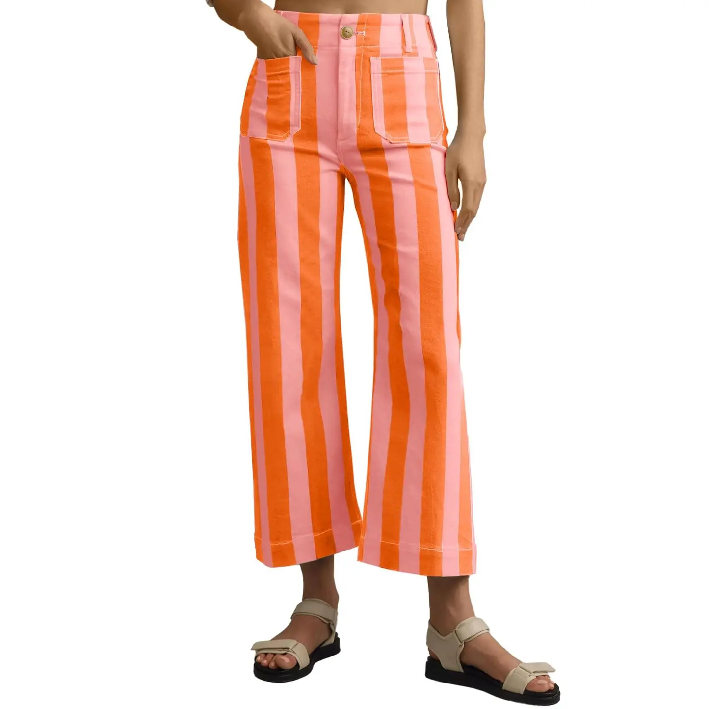 Womens Cropped Striped Jeans with Pockets