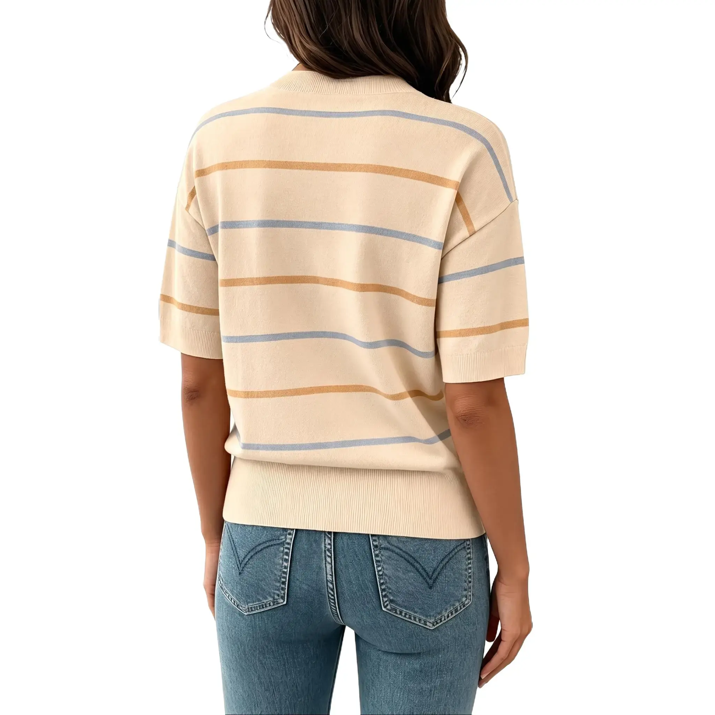 Women's Striped Knit Round Neck Shortsleeve Baggy Pullover