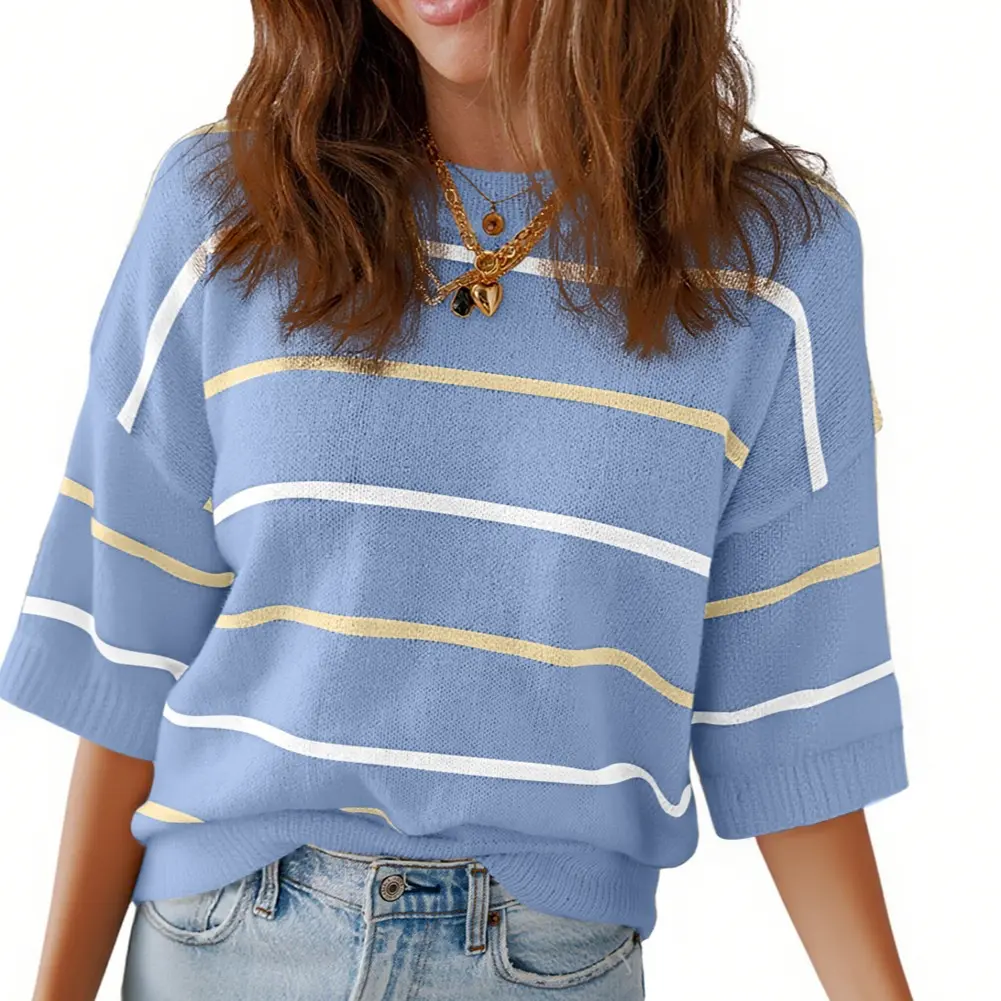 Women's Striped Knit Round Neck Shortsleeve Baggy Pullover