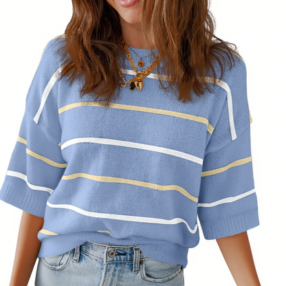 Women's Striped Knit Round Neck Shortsleeve Baggy Pullover