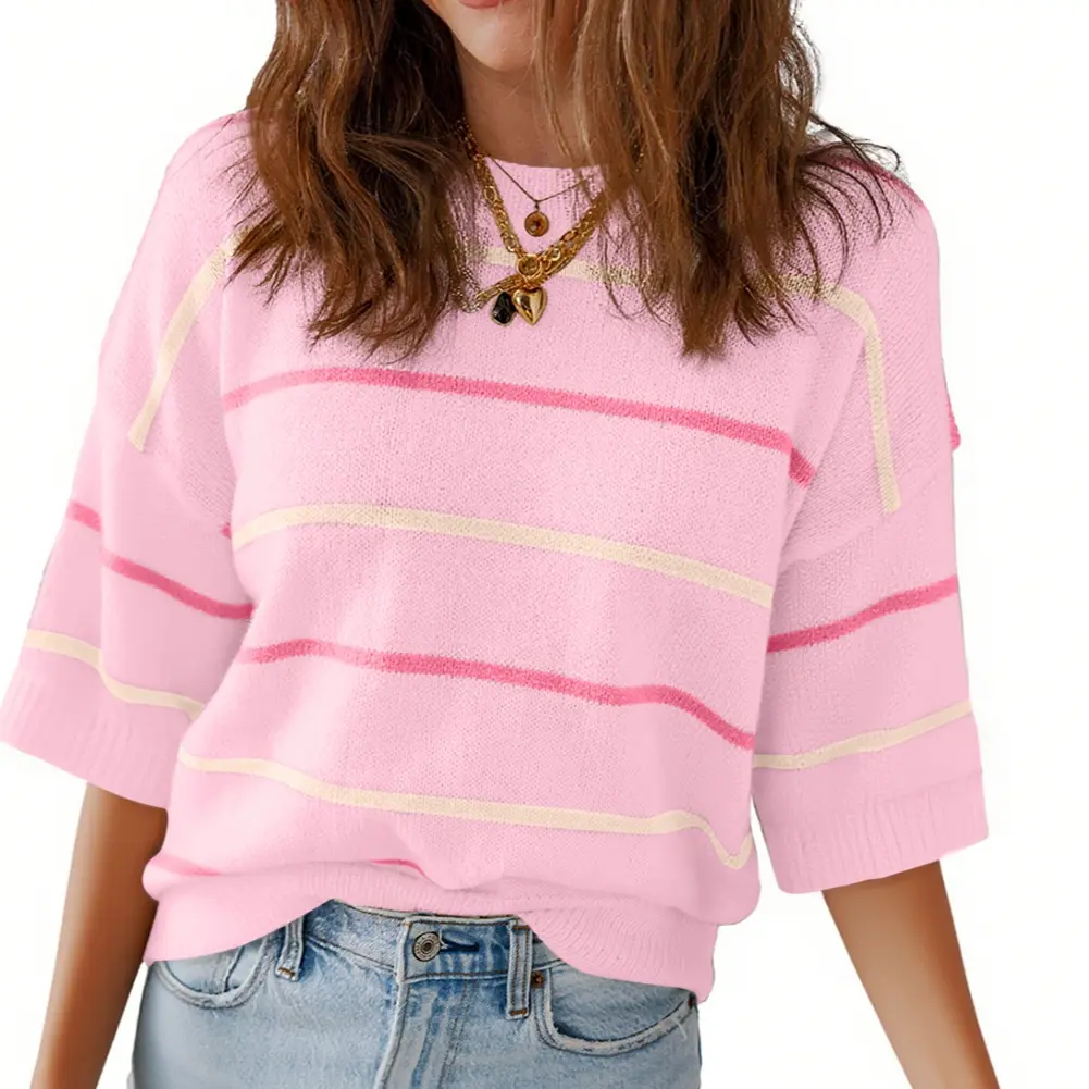 Women's Striped Knit Round Neck Shortsleeve Baggy Pullover