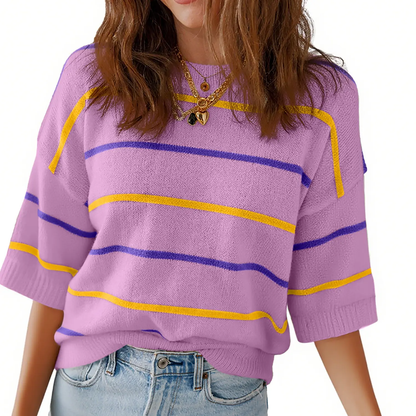 Women's Striped Knit Round Neck Shortsleeve Baggy Pullover