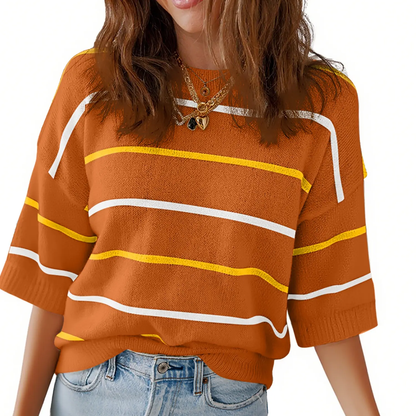 Women's Striped Knit Round Neck Shortsleeve Baggy Pullover