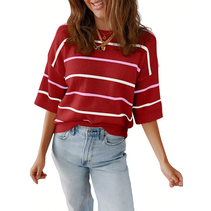 Women's Striped Knit Round Neck Shortsleeve Baggy Pullover