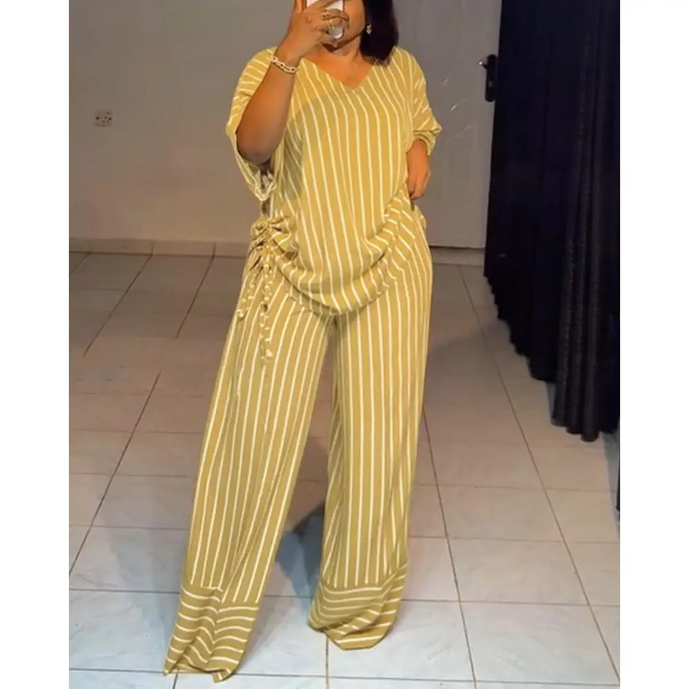 Summer new striped loose fashion casual women's V-neck thin and drape wide-leg pants suit