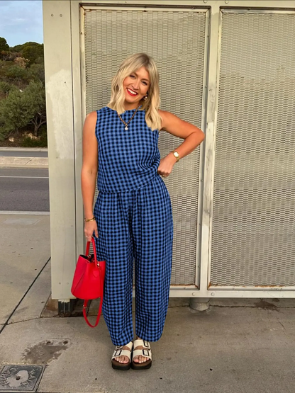 Women's Plaid Two Piece Set, Crop Top & Wide Leg Pants