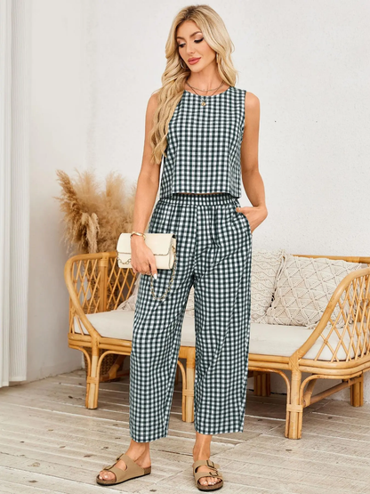 Women's Plaid Two Piece Set, Crop Top & Wide Leg Pants