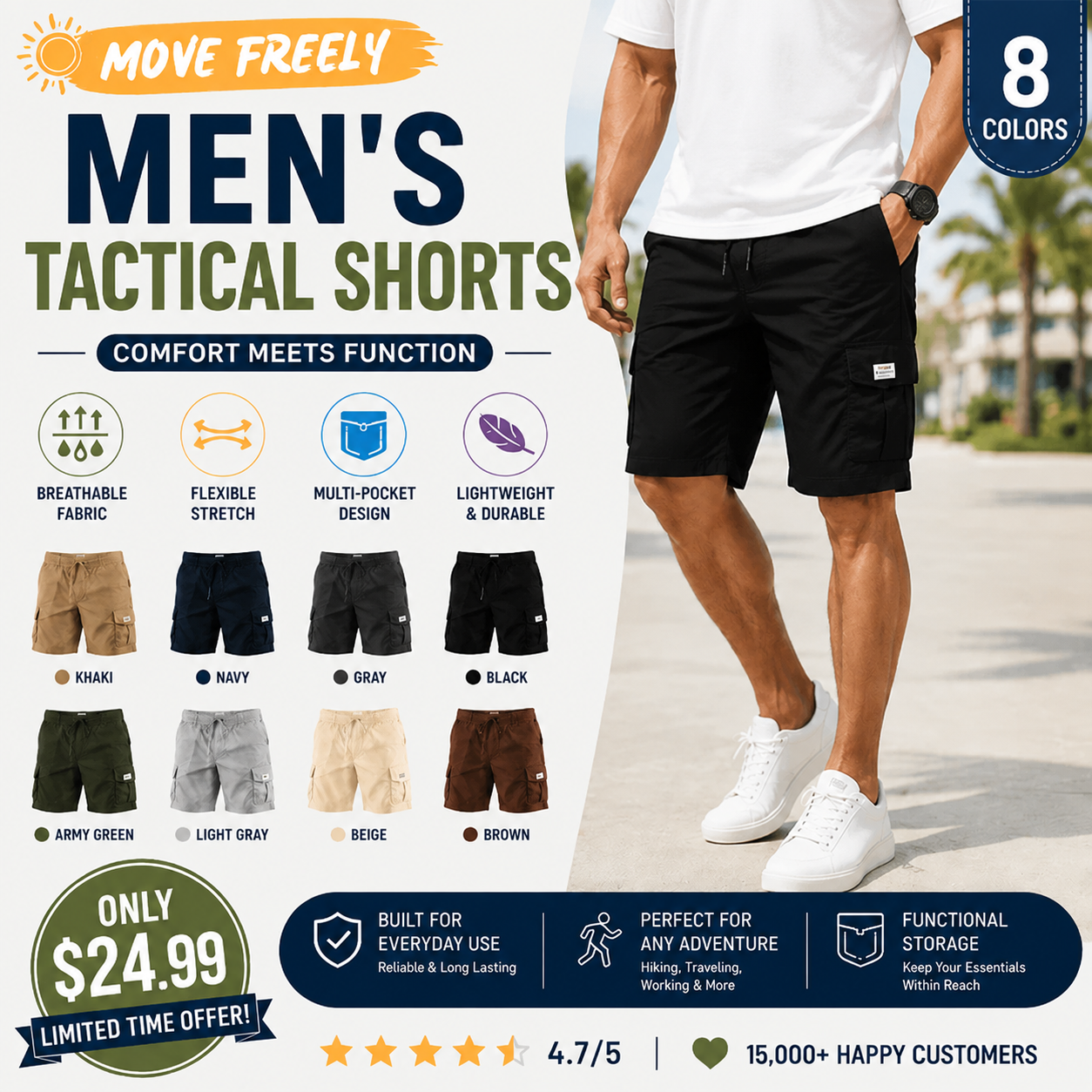 Men's Pockets Drawstring Cargo Shorts