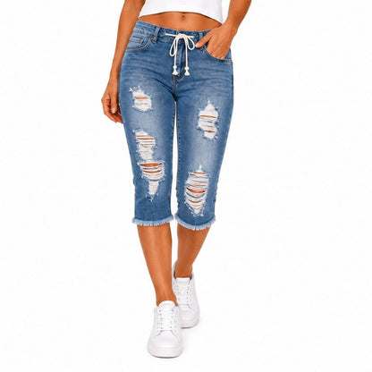 Fashion Distressed Ripped Capri Jeans Plus Size Casual High-Waisted Drawstring Waist Denim Cropped Pants + Lace cutout top